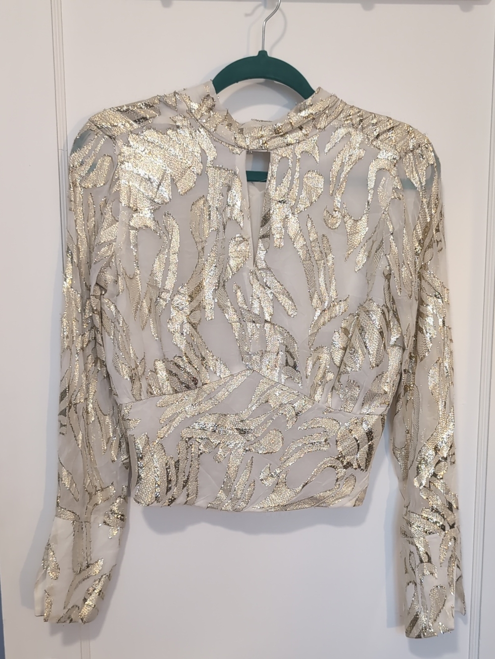 Nordstrom Parker Metallic Gold Leaf-Pattern Sheer Crop Blouse